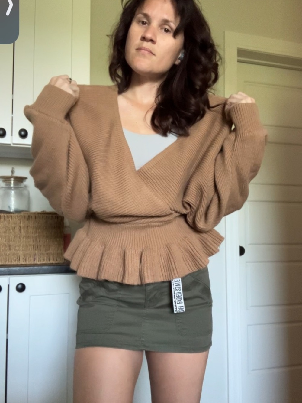 Vintage Camel Ribbed V-Neck Peplum Sweater